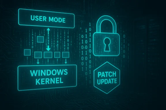 Cybersecurity concept art showing User Mode, Windows Kernel, a patch update, and a lock.