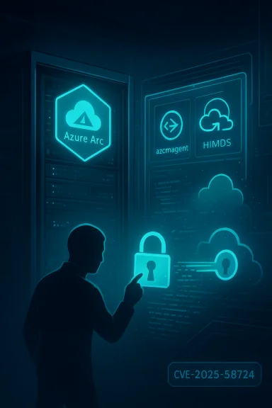 A silhouette taps a glowing security dashboard in a data center featuring Azure Arc and cloud icons.