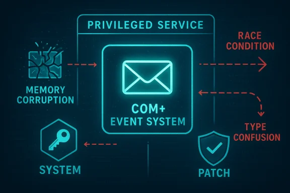 Diagram of COM+ Event System as a privileged service linking memory corruption, race condition, and type confusion.