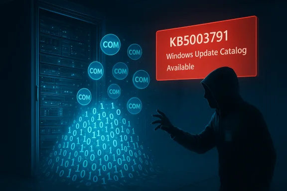 Hooded figure at a server rack reaching toward glowing digits as a red Windows Update KB5003791 banner looms.