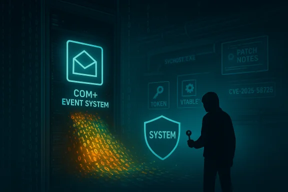 Hacker silhouette in a data center watches glowing COM+ Event System icons.