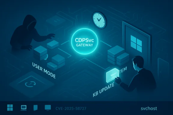 A hooded hacker targets a glowing CDPSvc Gateway during a Windows KB update scene.
