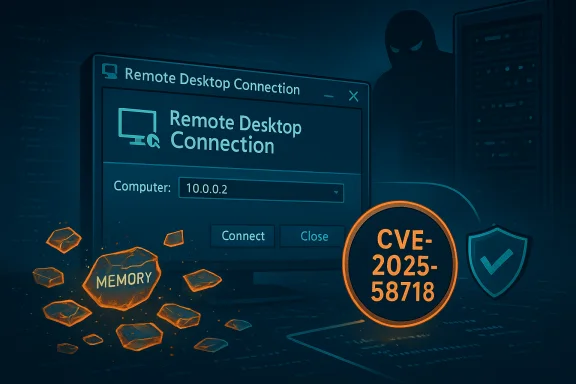 Hacker silhouette targets a Remote Desktop window exposing CVE-2025-58718 vulnerability.