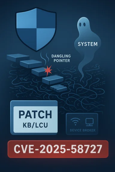 Cybersecurity illustration showing patching of CVE-2025-58727 with a shield and system components.