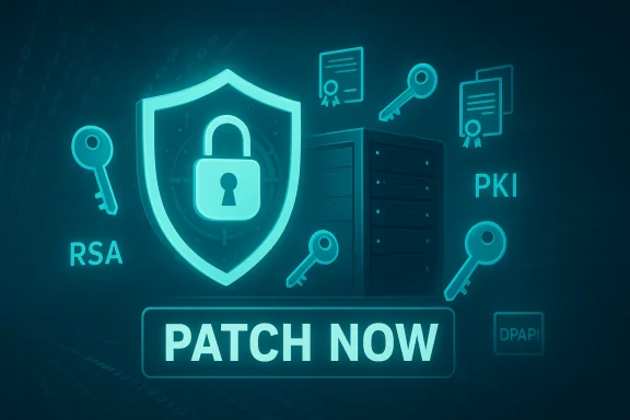 Cybersecurity illustration showing a shielded server and a “Patch Now” prompt.