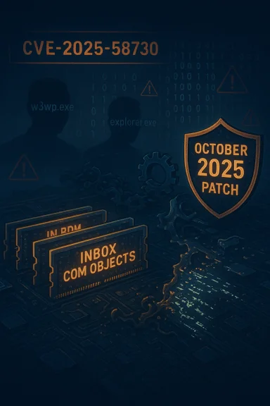 Dark tech collage showing the CVE-2025-58730 patch, October 2025 shield, and inbox COM objects.