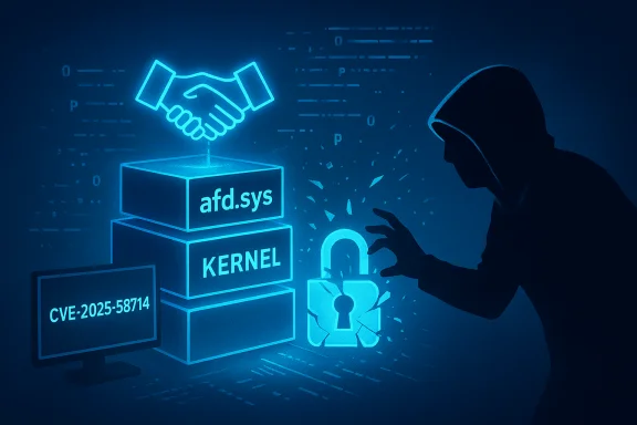 A hooded hacker exploits a kernel vulnerability (CVE-2025-58714) to breach a system.