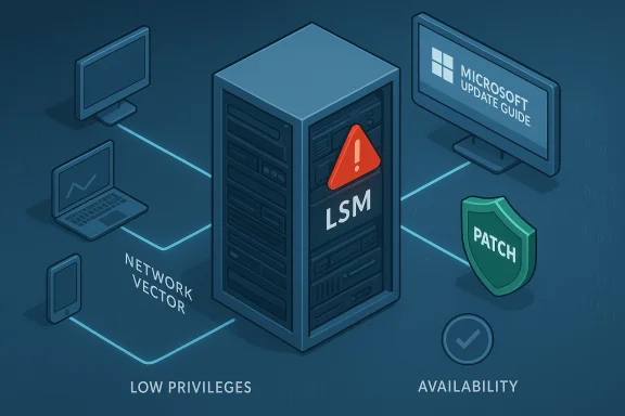 Central LSM server with a warning icon, connected to devices, patches, and the Microsoft Update Guide.