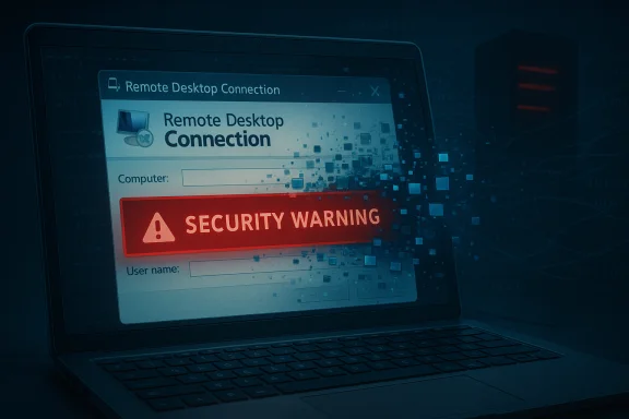 Laptop screen displays a red Security Warning over a Remote Desktop Connection dialog.