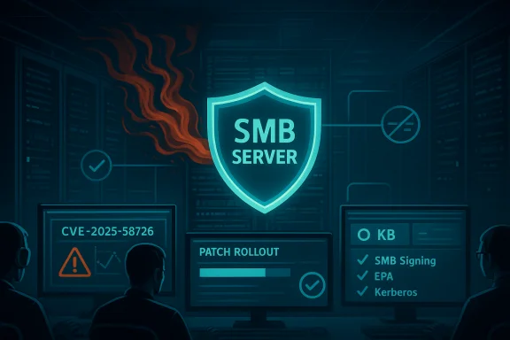 SMB server shield guards a data center amid patch rollout and alerts.