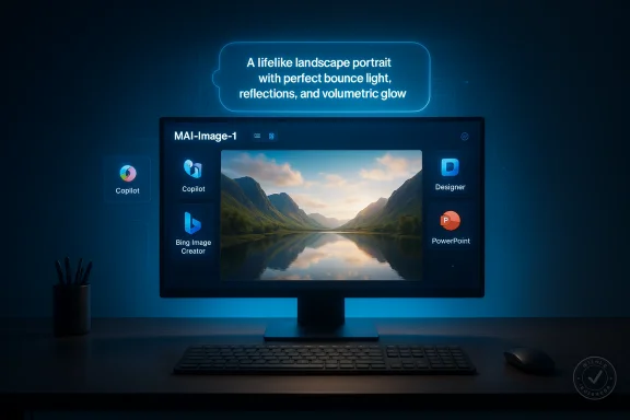 A blue-glowing desk setup with a monitor displaying a mountain landscape and app icons.