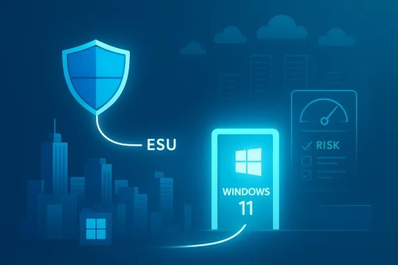 Windows 11 ESU security concept with shield, risk meter, and cityscape.