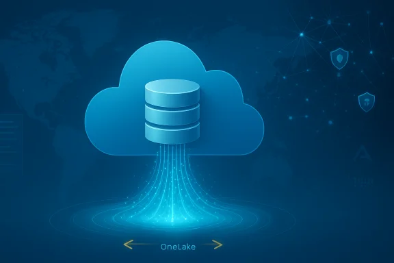A blue cloud icon receives data from stacked cylinders into a glowing pool labeled OneLake.
