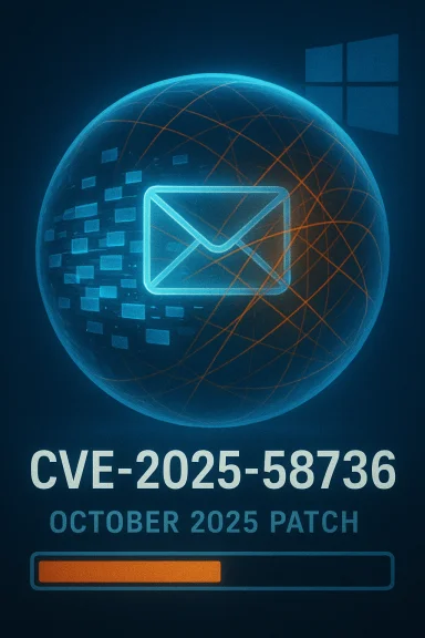 A blue holographic globe with an envelope icon, announcing CVE-2025-58736 October 2025 Patch progress. A blue holographic globe with an envelope icon, announcing CVE-2025-58736 October 2025 Patch progress.