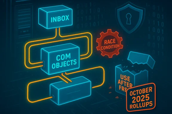 Neon schematic highlights inbox, common objects, race condition, and use-after-free; October 2025 rollups.