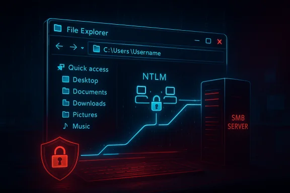 Neon cyber-security illustration showing a File Explorer window, NTLM, SMB server, and a padlock shield.