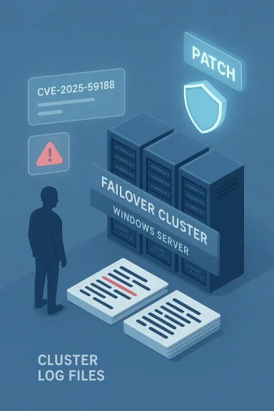 Patch alert for Windows Server failover cluster (CVE-2025-59188) with log files.