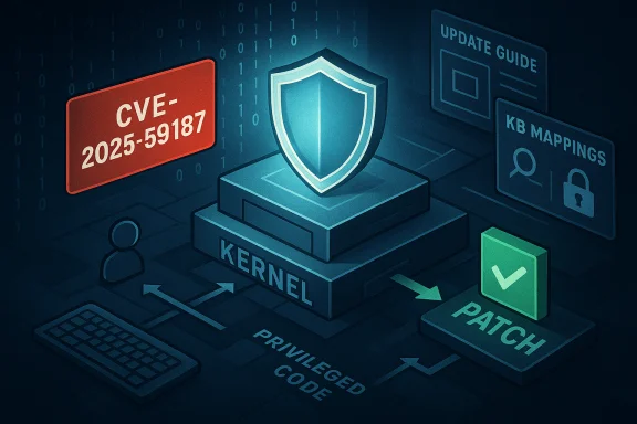 Kernel security diagram featuring a shield, CVE tag, and patch flow.