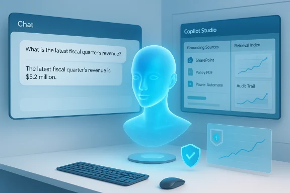 A blue AI hologram sits before chat messages and data dashboards in a futuristic workstation. A blue AI hologram sits before chat messages and data dashboards in a futuristic workstation.
