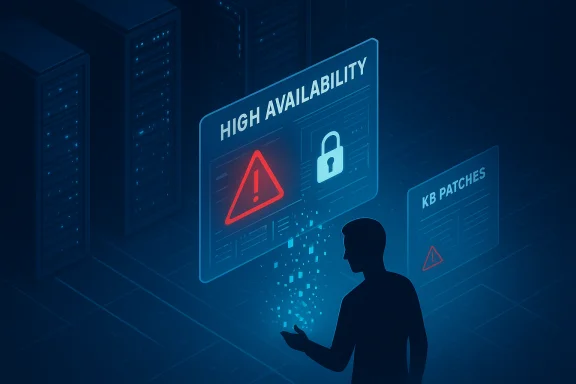 A person views a High Availability alert with a warning symbol and a lock icon in a data center.