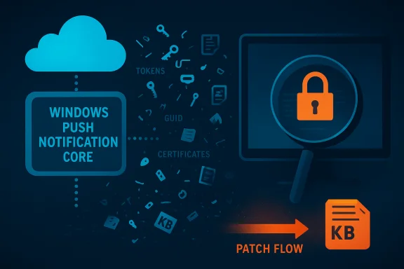Cloud-based Windows Push Notification Core with tokens, certificates, and a patch flow to KB.