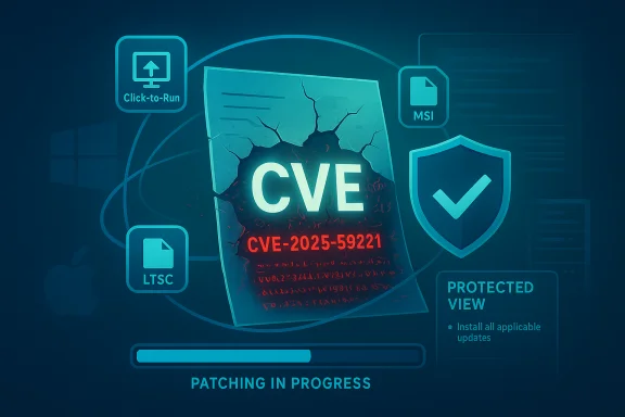 CVE patch in progress: cracked document, shield, and progress bar.