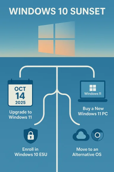 Windows 10 Sunset poster shows options: upgrade to Windows 11, enroll in ESU, buy a PC, or switch OS.