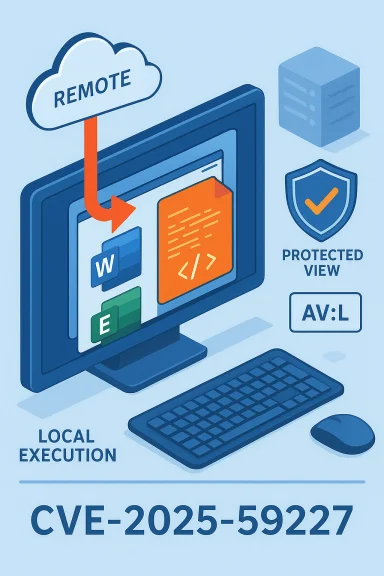 Poster shows remote code-execution vulnerability (CVE-2025-59227) with protected view and local execution.