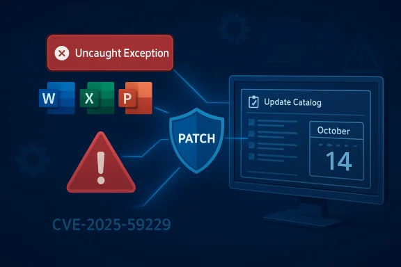 Uncaught exception prompts a patch update for CVE-2025-59229 in the security catalog.