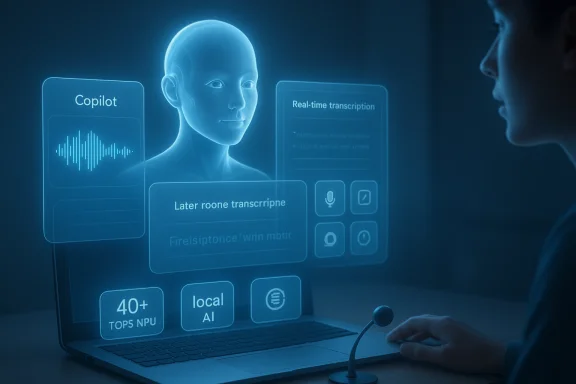 A holographic AI assistant projected on a laptop, showing Copilot and real-time transcription.