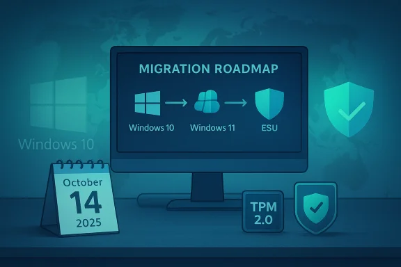 Migration roadmap: Windows 10 → Windows 11 → ESU, with TPM 2.0 and security shield.