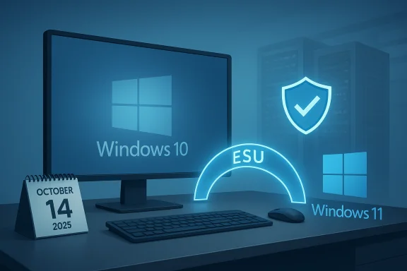 Windows 10 desktop displays as an ESU arc points to Windows 11 in a server room.