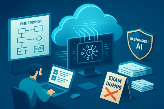 A coder at a desk works on AI with cloud, embeddings, and a Responsible AI shield. A coder at a desk works on AI with cloud, embeddings, and a Responsible AI shield.