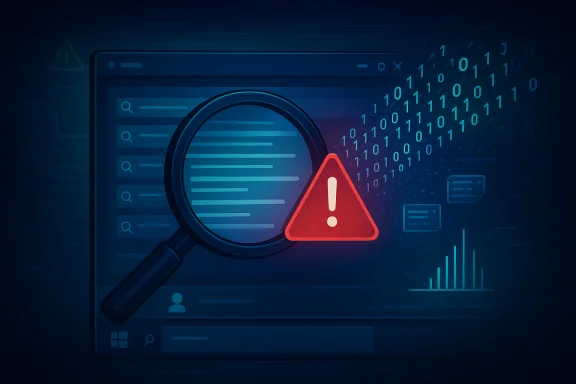 A magnifying glass over a computer screen with a red warning triangle and streaming binary data.