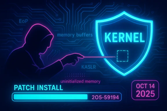 A hooded hacker targets a neon Kernel shield as a patch install progress bar glows.