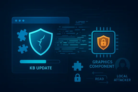 Cybersecurity update: KB update progress with a cracked shield, puzzle pieces, and a graphics chip against a local attacker.
