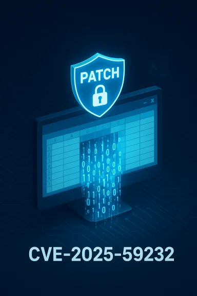 Blue neon PATCH shield with a lock above a monitor, CVE-2025-59232.