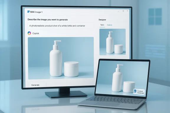 Desktop monitor and laptop display a photorealistic white pump bottle and jar on a blue background.