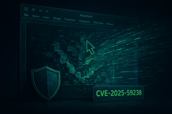 Cybersecurity illustration with a PowerPoint window, shield emblem, and a CVE-2025-59238 tag.