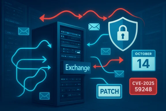 A server rack with Exchange icons and a shield, illustrating cybersecurity and patches.