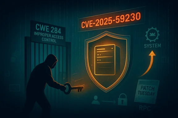 A hooded figure uses a glowing key to breach a shielded fortress labeled CVE-2025-59230 and CWE-284.