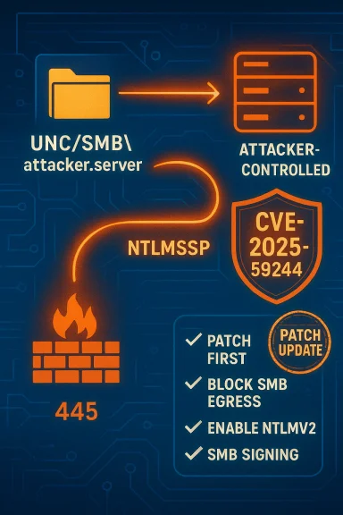 Infographic of an SMB attack flow targeting CVE-2025-59244 (NTLMSSP) with patch steps.