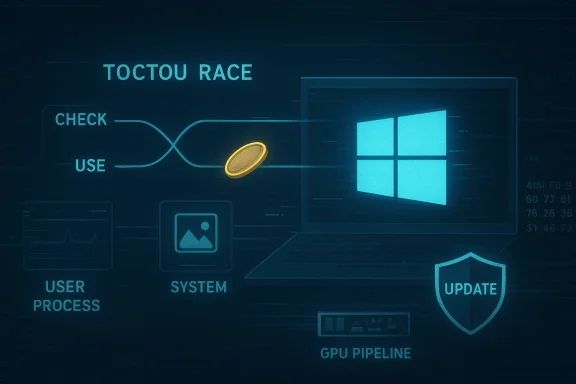 Depicts a TOCTOU race in a software update workflow with a Windows logo.
