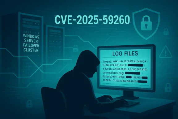 Hacker silhouette at a computer, CVE-2025-59260 looming over log files. Hacker silhouette at a computer, CVE-2025-59260 looming over log files.