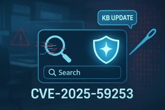 Blue cyber-security UI showing a CVE-2025-59253 alert with search, shield icon, and KB UPDATE.