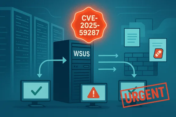 WSUS server with glowing CVE-2025-59287 badge and urgent security alerts.