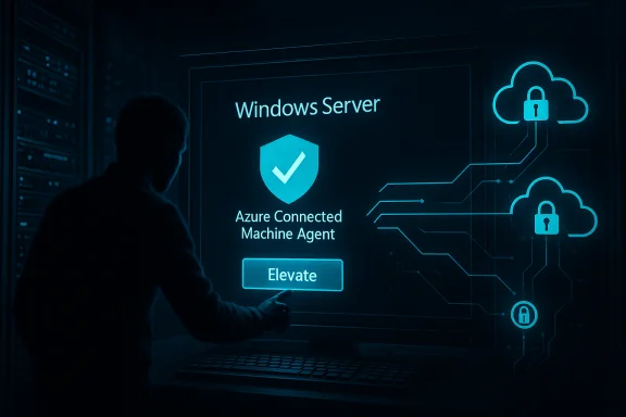 Silhouetted admin interacts with a Windows Server screen showing Azure Connected Machine Agent and cloud security icons. Silhouetted admin interacts with a Windows Server screen showing Azure Connected Machine Agent and cloud security icons.