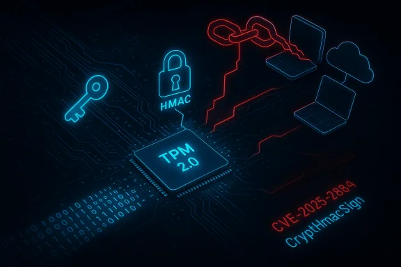 Neon circuit-board art featuring a TPM 2.0 chip, key, HMAC lock, and cloud-connected laptops.