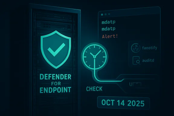 Defender for Endpoint shields a server as alerts and a clock mark Oct 14, 2025.