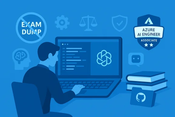 A person codes on a laptop amid Azure AI Engineer imagery and study materials. A person codes on a laptop amid Azure AI Engineer imagery and study materials.